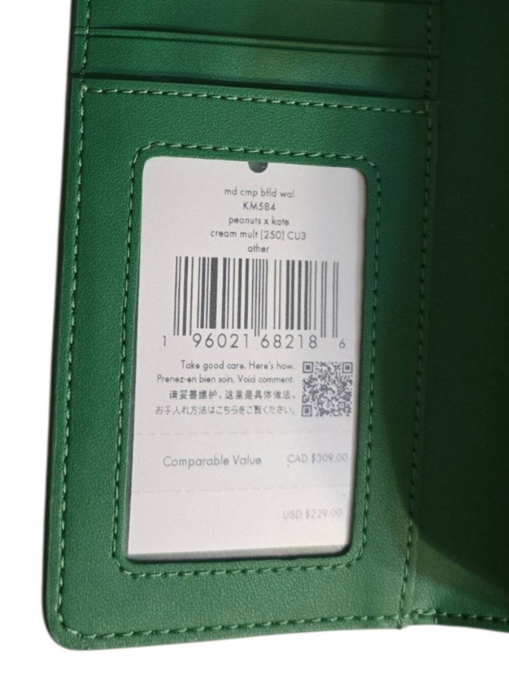 NWT Kate Spade x Peanuts Snoopy Medium Bifold Wallet KM584 White Green Leather - Picture 5 of 10